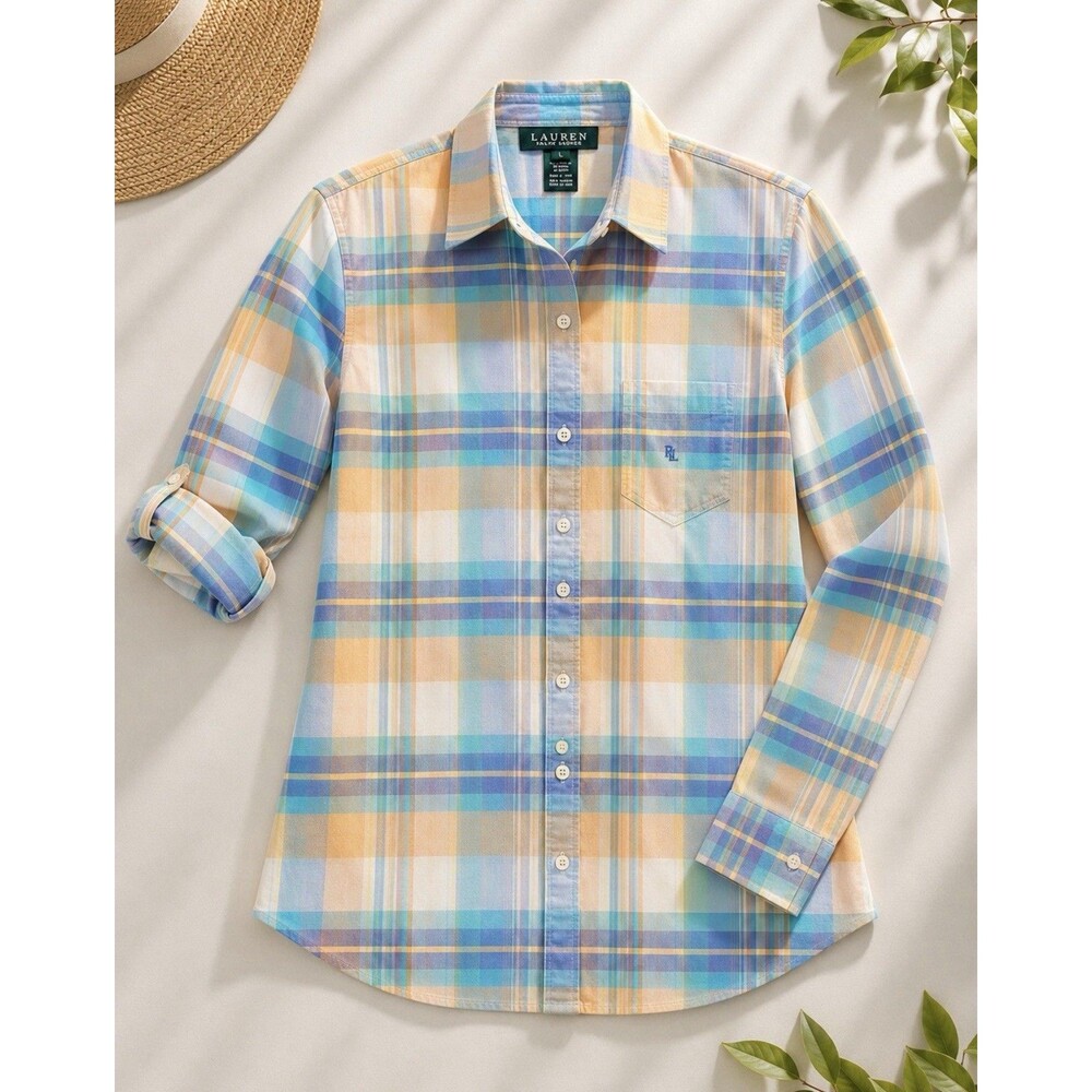 Lauren Ralph Lauren Preppy Coastal Plaid Button Down Shirt Roll Tab Large